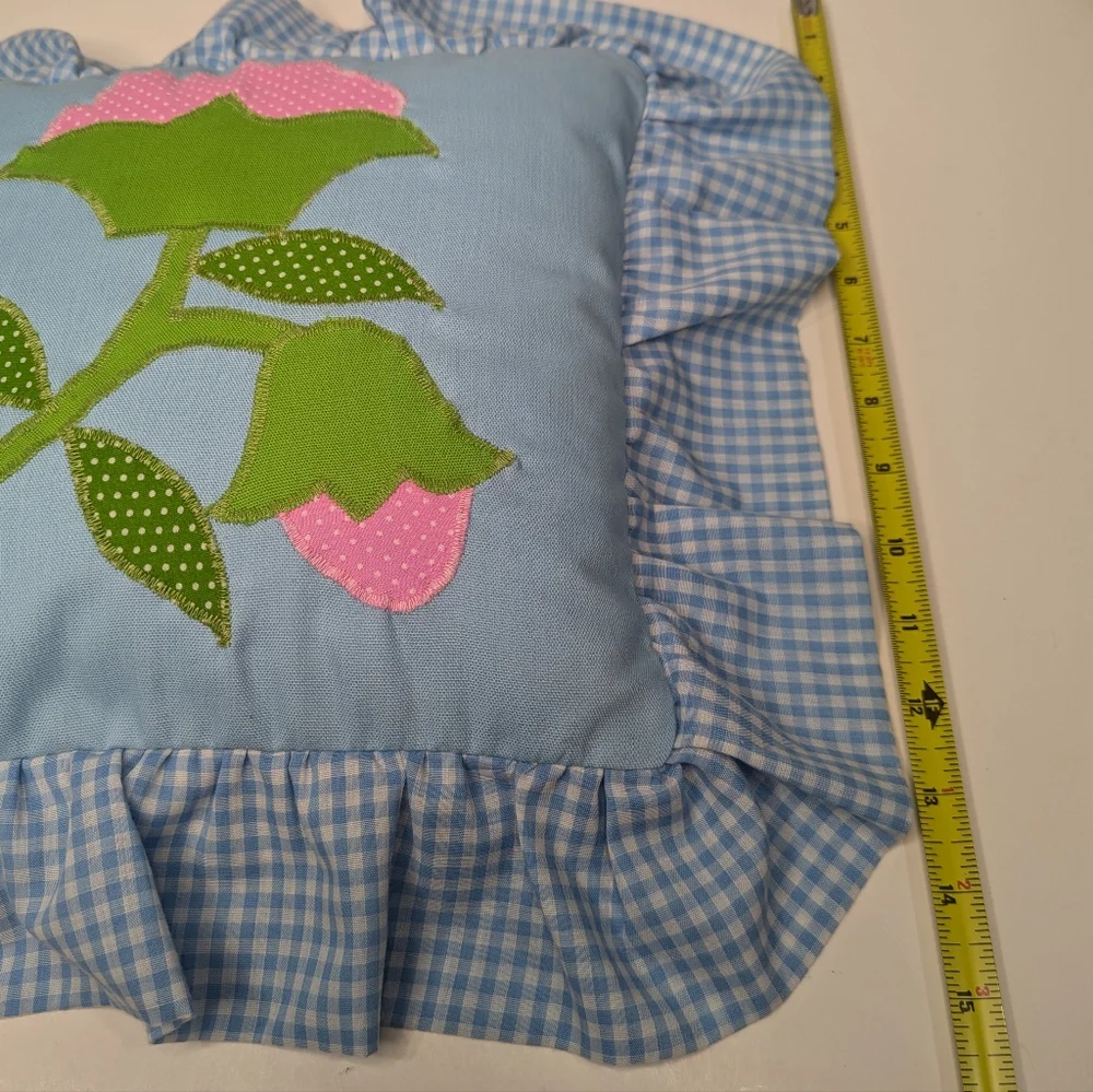 Handmade Cottagecore Blue Pillow with Pink Flower Applique Gingham Ruffle